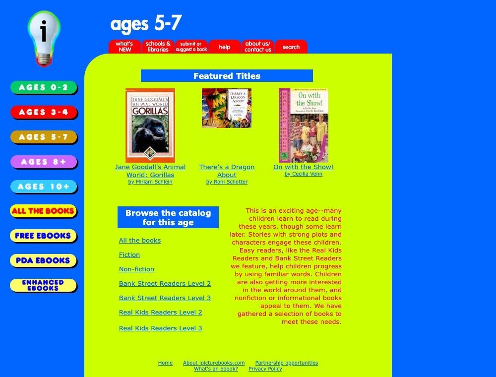 The ages 5 to 7 page of ipicturebooks.com in 2001
